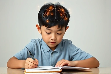 Student learning math with a brain development concept notebook.