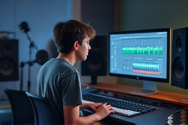 Young composer working at a music production desk with glowing screen.