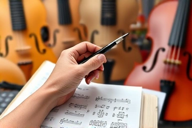 Hand writing musical notes and chord diagrams in a notebook.
