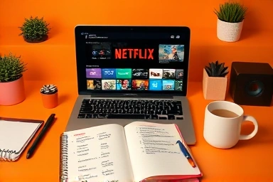 Organized desk setup for learning English with Netflix.