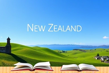 New Zealand landscape with symbols of learning and communication.