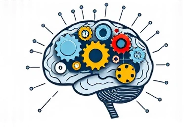 Brain with gears and data streams representing cognitive enhancement
