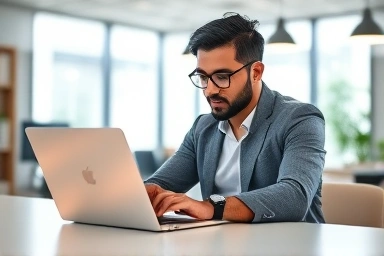 Entrepreneur working in a bright co-working space with growth symbols.