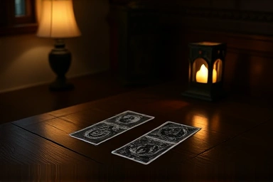Tarot cards laid out on a table in a calm, introspective setting.