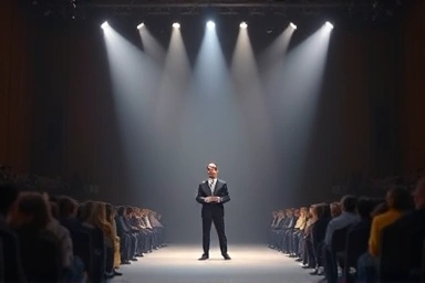 Confident speaker on stage, overcoming public speaking anxiety.