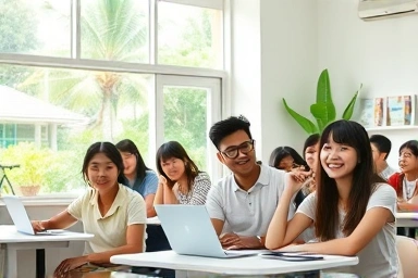 Students learning English in a vibrant Philippine language school.