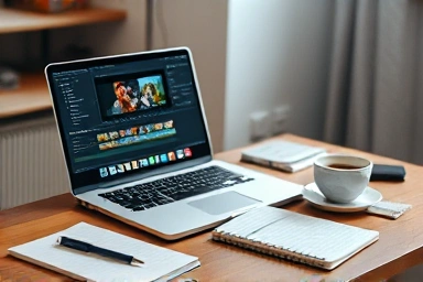 Desk with laptop showing video editing software interface