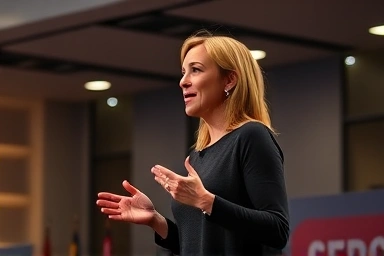 Presenter using effective eye contact and gestures to engage audience.