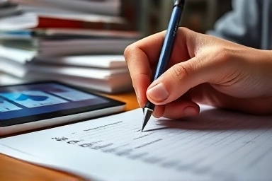 Student focused on mock exam paper, surrounded by study materials.