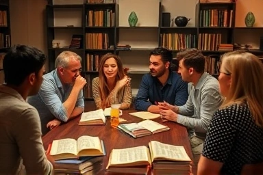 People discussing books, fostering intellectual connection and critical thinking.