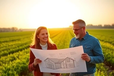 Couple planning new rural life with farmhouse blueprint