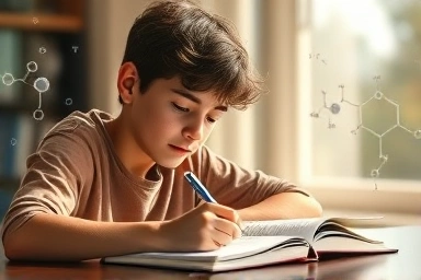 Student writing science essay with scientific symbols