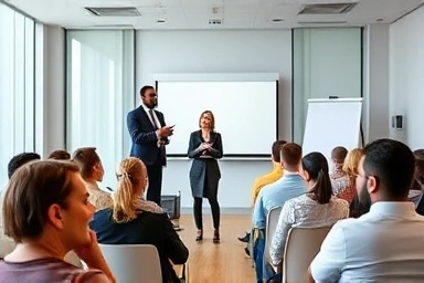 Confident speaker presenting to an engaged audience.