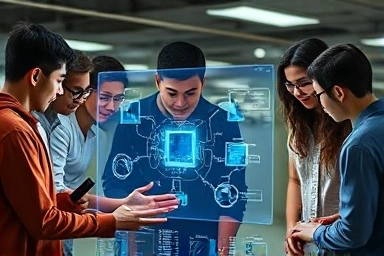 Students collaborating on futuristic semiconductor designs, symbolizing innovation.