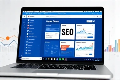 Laptop screen showing SEO course interface with analytics.