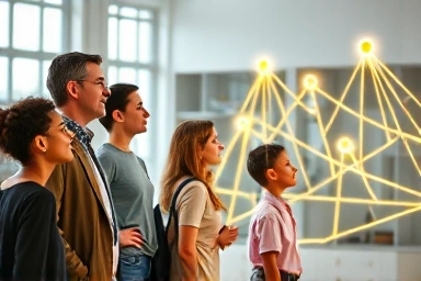 People choosing educational path with glowing lines