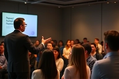 Confident speaker presenting to an engaged audience, symbolizing communication success.
