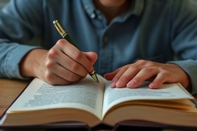 Person actively learning with book and notes