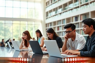 Students using AI-enhanced laptops in a modern library