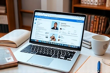 Sleek laptop with AI interface, surrounded by study materials
