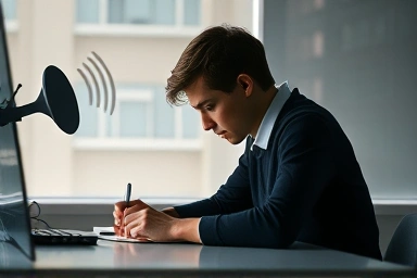 Person studying intensely, surrounded by calm sound waves.
