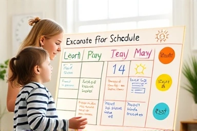 Child and parent creating a summer break schedule together.