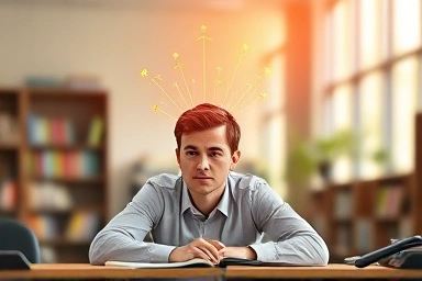 Person achieving learning goals with glowing success symbols.