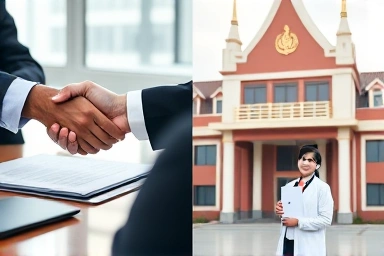 Business handshake and student receiving diploma in Thailand.