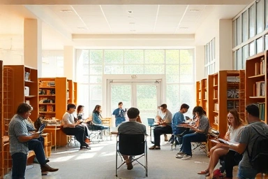 Students studying and socializing in a modern university dormitory common area.