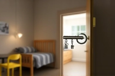A golden key unlocking a dormitory room door, representing successful student housing.