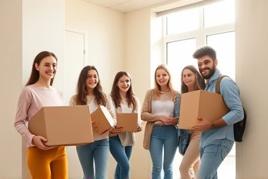 Students moving into a bright university dormitory room.