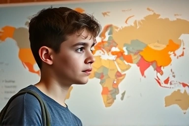 Student planning international travel, flight paths on map