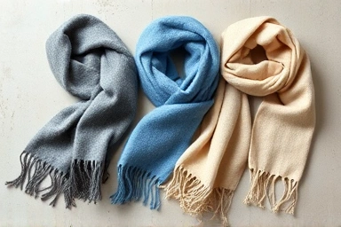 Flat lay of Acne Studios scarves in various colors and textures.