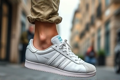 Feet wearing Adidas Samba OG sneakers in an urban setting.