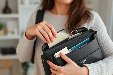 Organized handbag with a bag organizer, woman finding item.