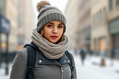 Stylish woman wearing a fashionable balaclava in winter