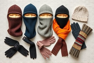 Flat lay of stylish winter balaclavas and accessories