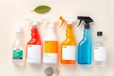 Assortment of stain remover bottles and sprays on a clean background.