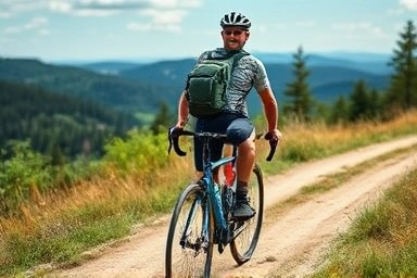 Cyclist with integrated frame and saddle bags enjoying a ride.