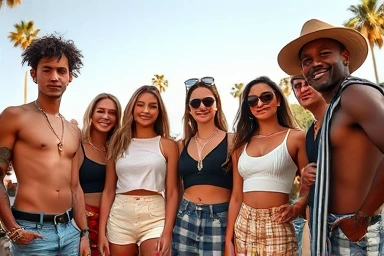 Stylish people wearing body chains at a summer festival.