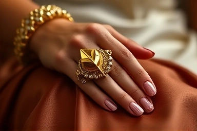 Oversized gold ring and chunky bracelet on hand