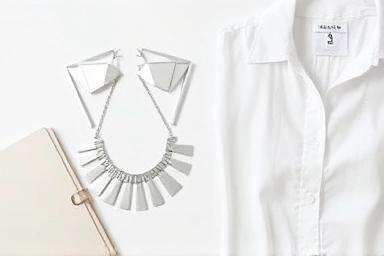 Minimalist flat lay of bold silver necklace and earrings