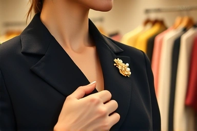 Woman pinning brooch on blazer lapel, elegant fashion accessory detail.