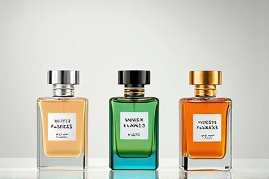 Elegant perfume bottles with subtle scent note visuals
