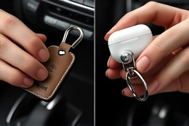Hands attaching personalized leather car and metal AirPod keychains.