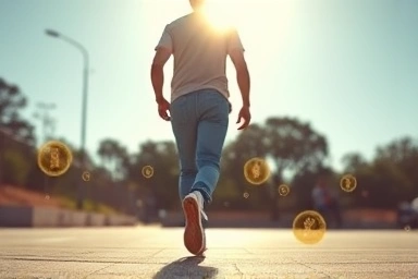 Person earning points by walking, digital rewards for activity
