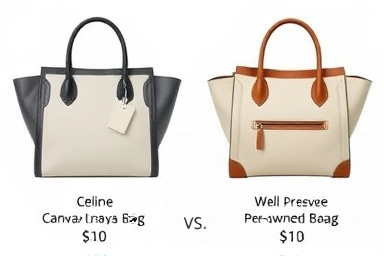 Comparison of new vs. pre-owned Celine Triomphe canvas bag pricing.