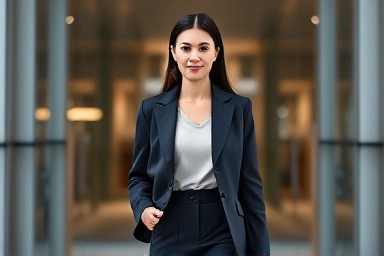 Professional woman in chic office attire walking confidently