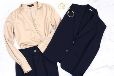 Flat lay of chic office wear essentials: blouse, trousers, blazer, jewelry