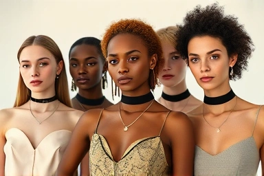 Models showcasing diverse choker necklace styles.
